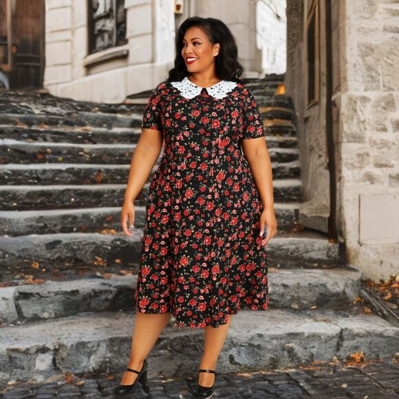 Unique Vintage Floral Shift Midi Dress Lace Neck Collar Pockets A-Line Skirt 1XL - Picture 1 of 11